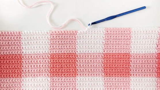 Pink And Cream Plaid Baby Crochet Blanket