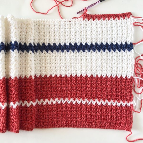 Crochet Modern V-Stitch Blanket in Red, White, and Blue