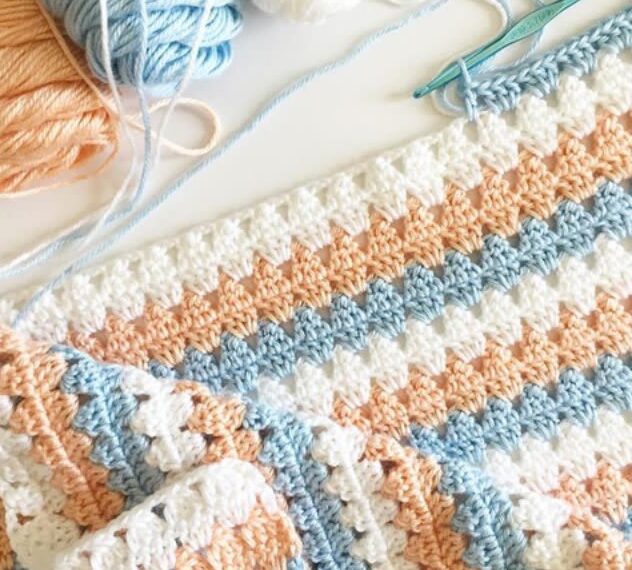Crochet Modern Granny Blanket in Peach and Blue