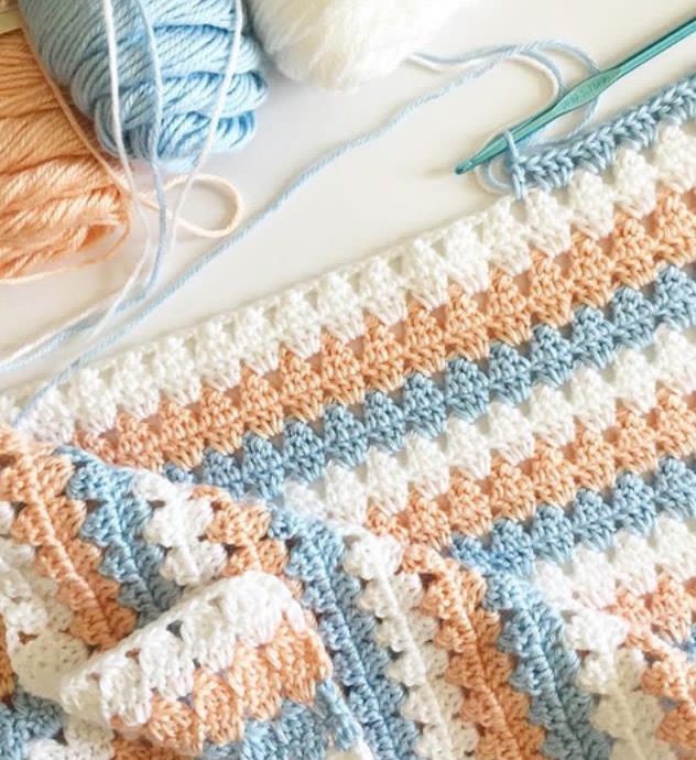 Crochet Modern Granny Blanket in Peach and Blue